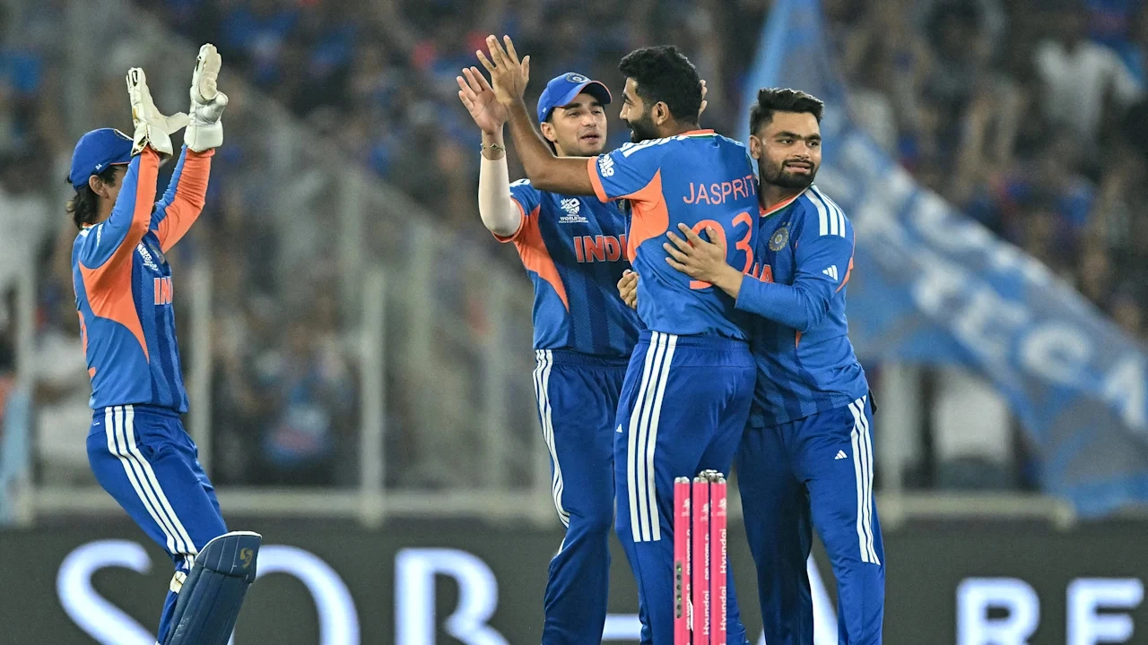 India celebrate during the T20 World Cup. Archive photograph, not a scene from the Afghanistan series.